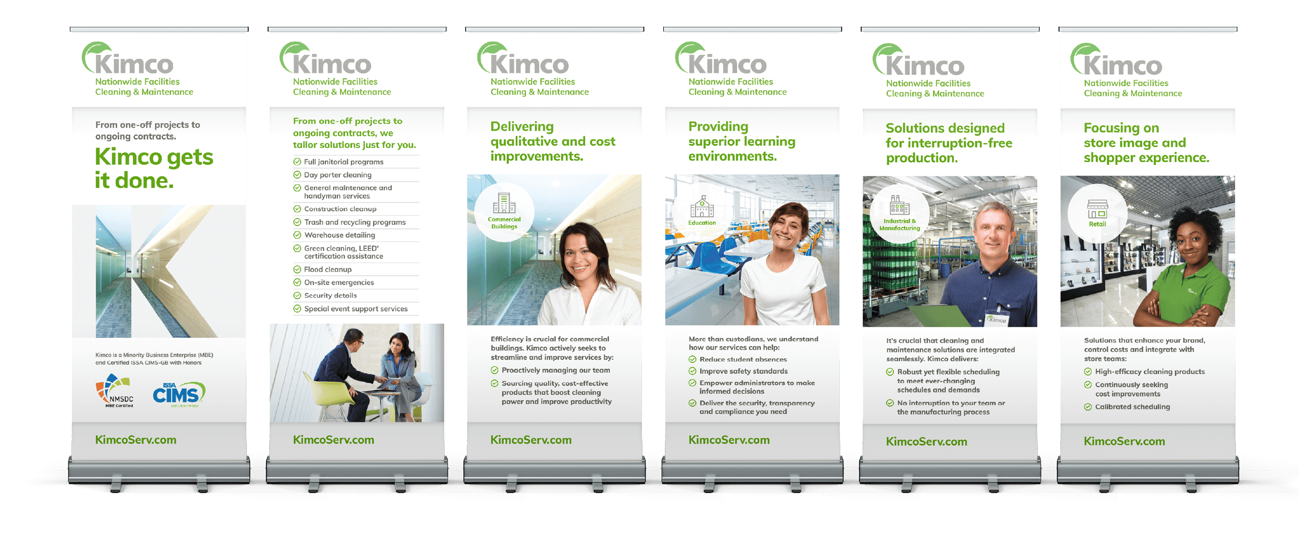 Six Kimco retractable banners lined up